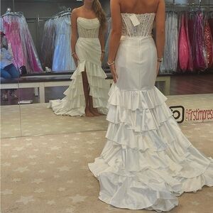 Sherri Hill White Strapless Dress with Ruffled Train